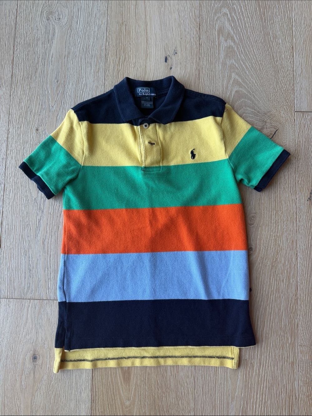 Polo by Ralph Lauren Navy, Yellow, Green, Orange & Light Blue Striped Polo